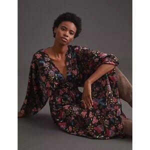 Anthropologie Misa Size S Floral Puff Sleeve Midi Dress Silky Kimono Style $349